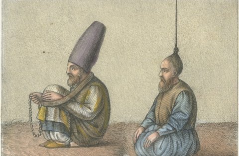 Turkish Penitents and Rites of Penance, Hand Colored Lithograph, 1842, close-up 1