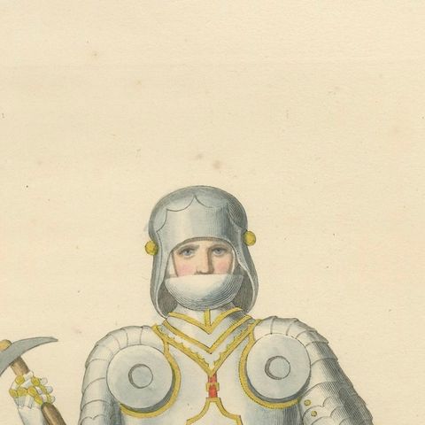 Joan of Arc in Armor, Antique Hand-Colored Costume Lithograph, c.1845, close-up 6