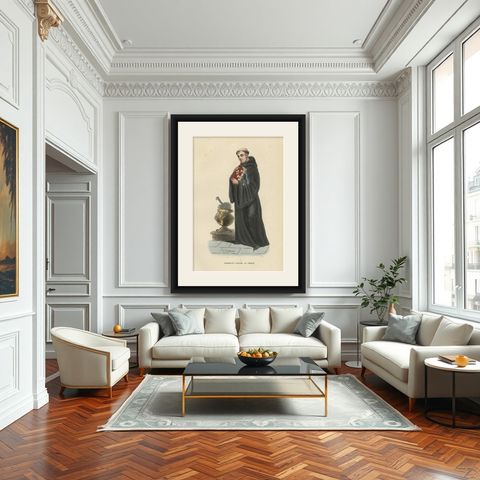 Antique Hand-colored Print of an English Benedictine in Choir Dress, 1845, shown framed in a room