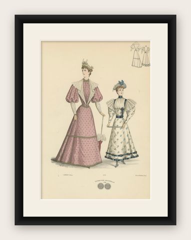 Victorian Fashion Duets: Elegant Ensembles in Lithographs Published in 1889, shown framed