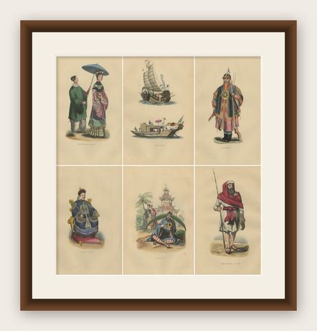 Chinese Cultural Figures in 1844 Wahlen Lithographs of Dress and Traditions, shown framed