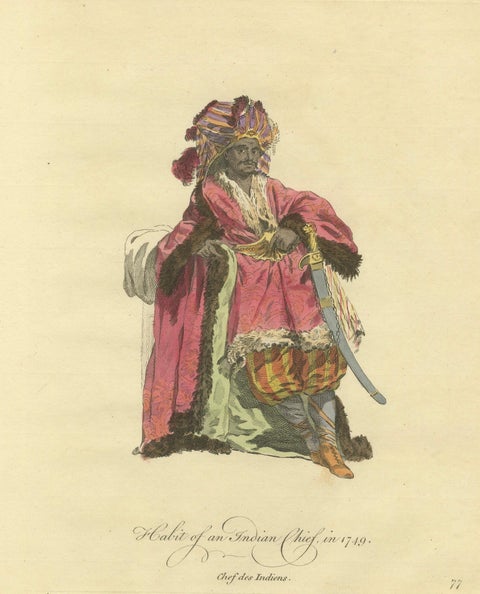 Antique Costume Print, Indian Chief, Exotic Dress & Arms, 1749, close-up 1