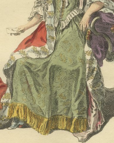 Duchess of Bouillon Seated in 1700, Hand Colored Jefferys Engraving, 1757, close-up 2