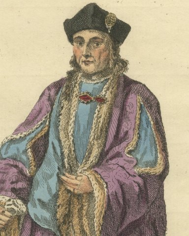 Habit of King Henry VII in 1490, Hand Colored Jefferys Costume Plate, 1757, close-up 1