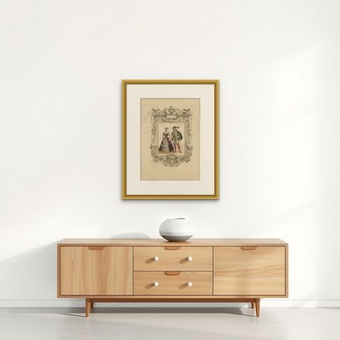 Henri II & Catherine de' Medici French Court Costume Lithograph, 1847, shown framed on a wall
