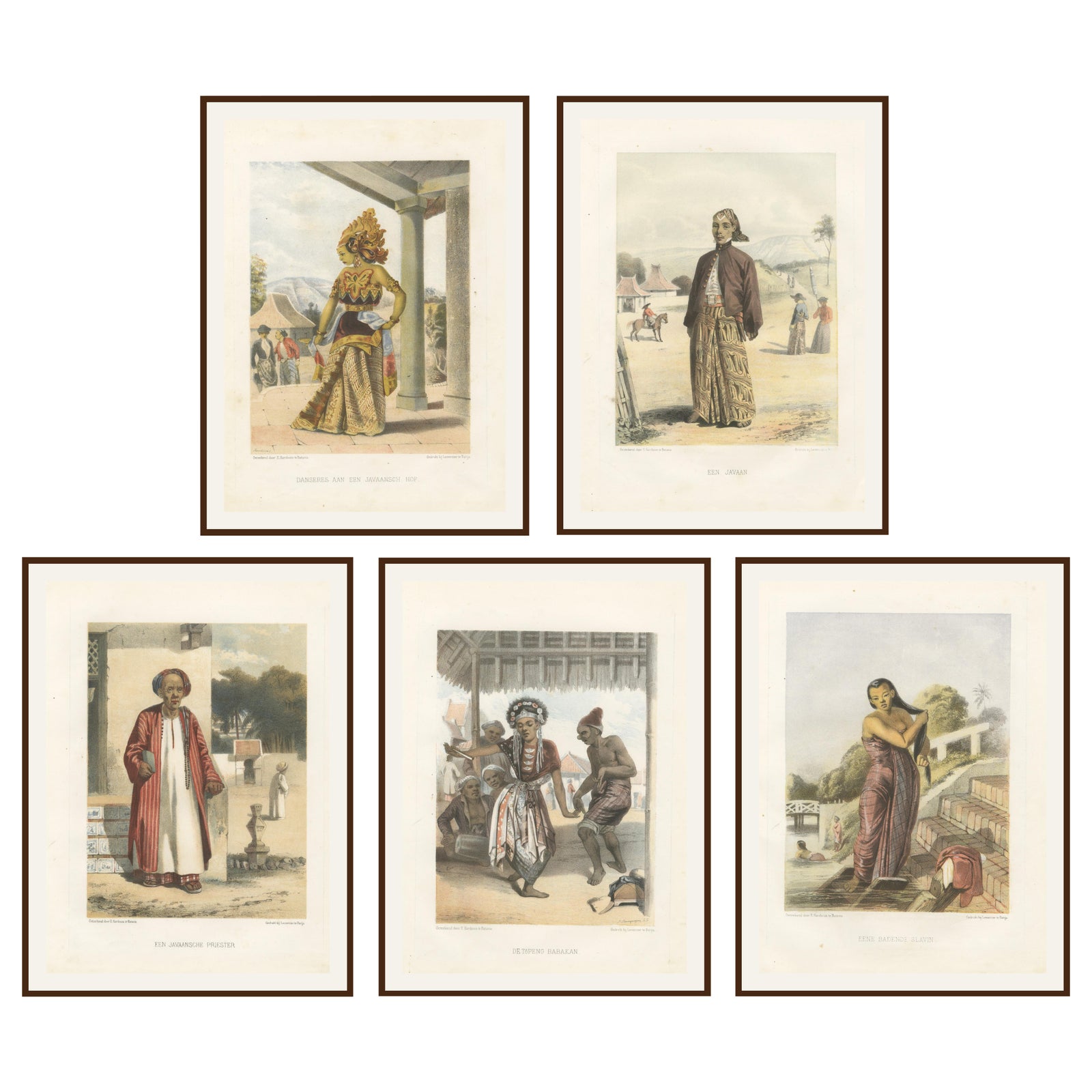 Title: Antique Javanese Costume Lithographs, Set of Five by F. Hardouin, c.1840