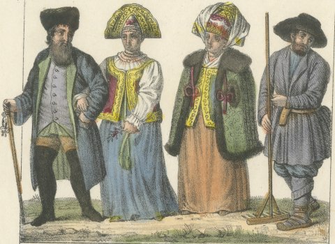 Kaluga Merchant and Wife, a Russian Peasant and Women of Valdai, 1842, close-up 1