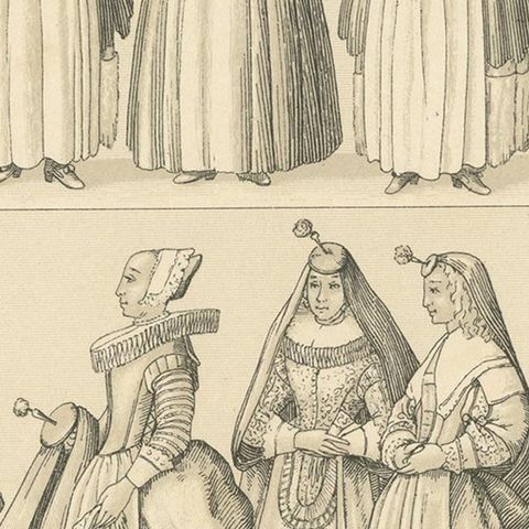 Pl. 95 Antique Print of European XVIIth Century Costumes by Racinet, circa 1880, close-up 2