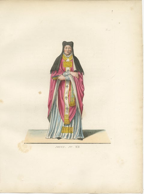 Religious Costume c.1400, Antique 1845 Print of Ecclesiastical Figure, view 3