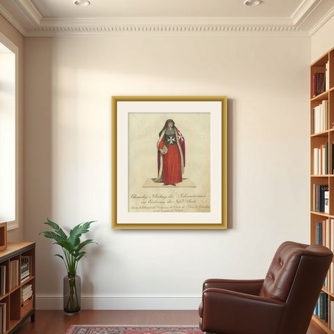 Pre-Rhodes Hospitaller Nun: 1791 Colored Engraving of Historic Ceremonial Dress, shown framed in a room
