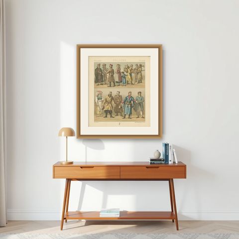 Antique Print of Polish Costumes Racinet, 'circa 1880', shown framed on a wall