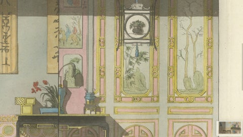 Chinese Nobleman’s Study Interior, Ferrario Costume Print, Hand-Colored c.1815, close-up 6
