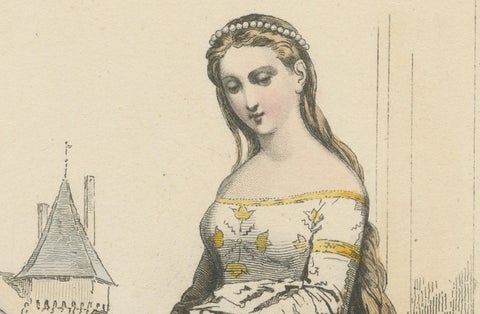 Antique French Print of Courtly Fashion, Reign of Charles V, circa 1860, close-up 4