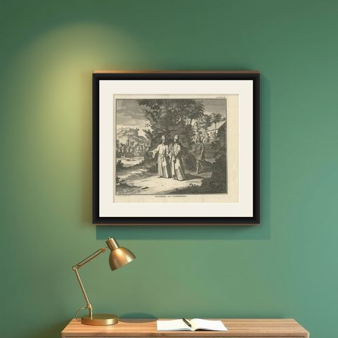 Original Antique Costume Print of Tonkin People from Vietnam in Asia, 1730, shown framed on a wall