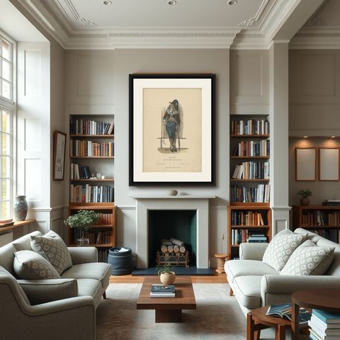 Antique Costume Print of Post-Revolutionary France, c.1880, shown framed in a room