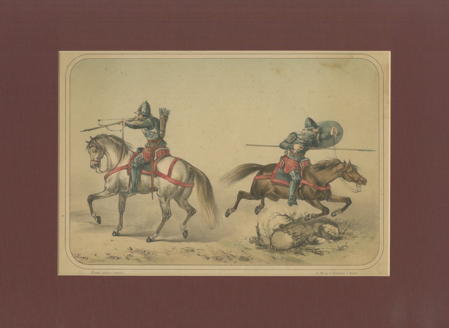 Spanish Cavalry Lithograph by José Rubio y Villegas: Medieval Cavalry, 1861