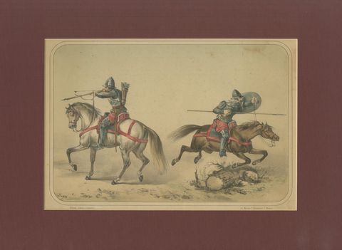 Spanish Cavalry Lithograph by José Rubio y Villegas: Medieval Cavalry, 1861