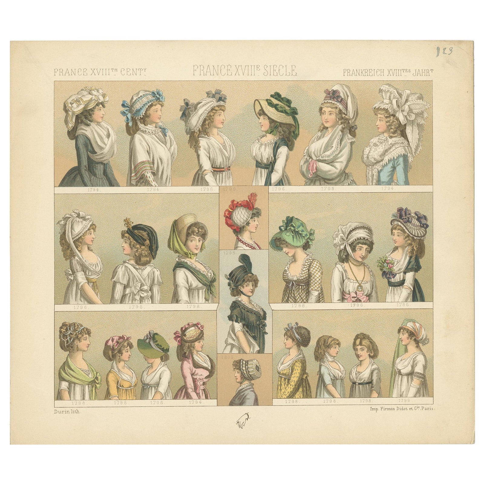 Pl 123 Antique Print of French 18th Century Women's Costumes by Racinet