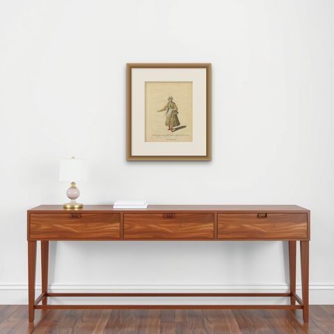 Antique Costume Print Young Lady of St John of Patmos Jefferys, 1749, shown framed on a wall