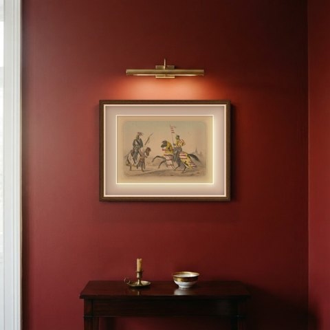 Two Medieval Knights in Heraldic Trappers, Spanish Cavalry Lithograph, 1861, shown framed on a wall
