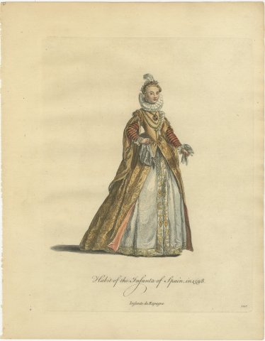 Infanta of Spain in 1598 in a Gold Brocade Gown, Jefferys Costume Plate, 1757, view 2