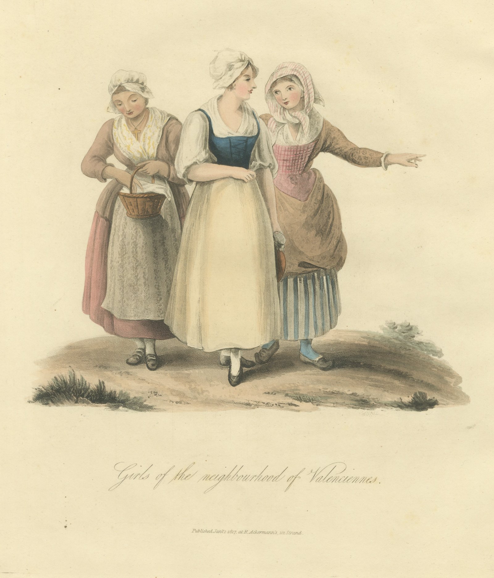 Girls near Valenciennes, French Regional Dress, Antique Print, 1817
