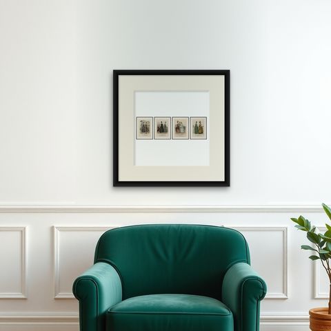 Set of 4 French Fashion Prints, Hand-Colored, Parisian Ladies & Children, 1887, shown framed on a wall