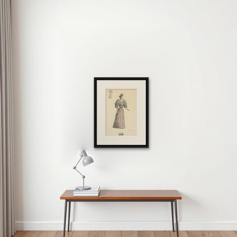 A Lithograph of Fashion Elegance at the Exposition Universelle, 1889, shown framed on a wall