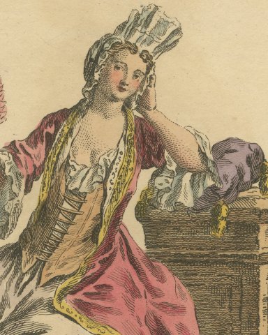 Duchess of Portsmouth in Undress, Seated with Fan, Jefferys Costume Print, 1757, close-up 1