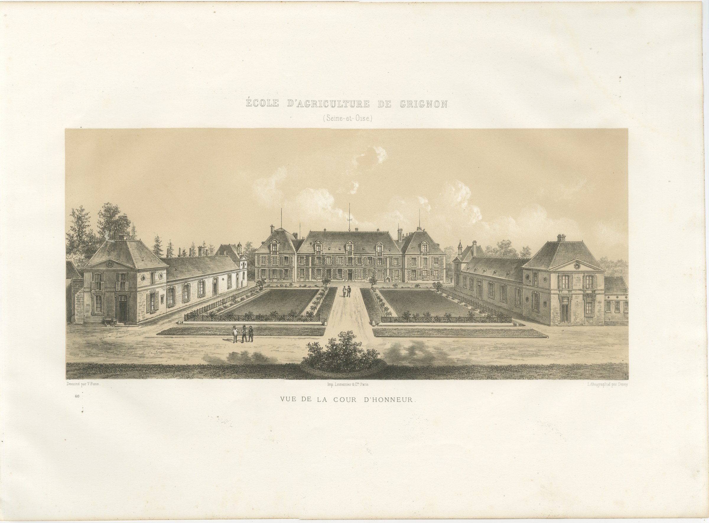 Grignon Agricultural School, Court of Honour, Antique Print, 1873
