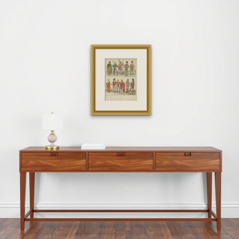 Italy circa 1500, Antique Hand-Colored Renaissance Costume Print, Published 1880, shown framed on a wall