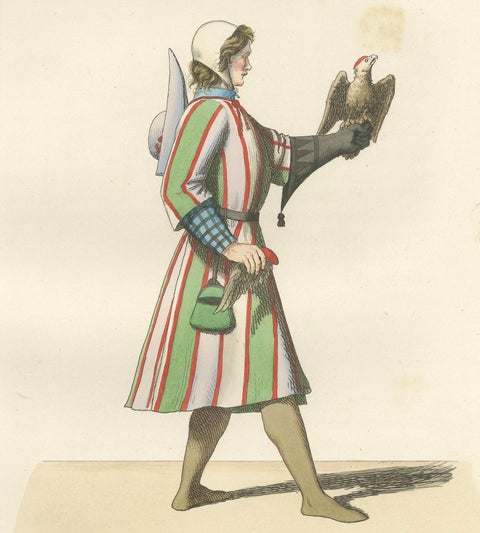 15th Century Falconry Costume, Falconer with Hawk, Antique Print 1845, close-up 4