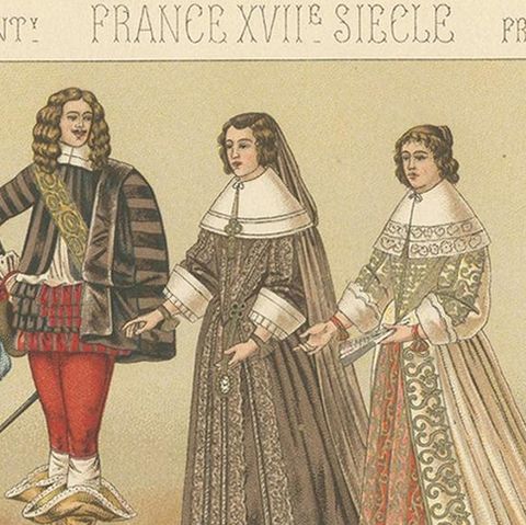 Pl. 102 Antique Print of French 17th Century Costumes by Racinet, circa 1880, close-up 1