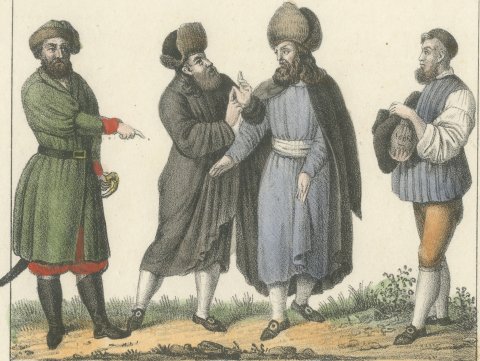 A Pole, Polish Jews and Hungarian Peasants, Hand Colored Lithograph, 1842, close-up 1