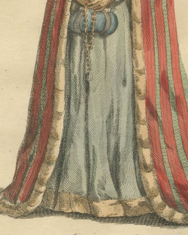 Habit of a Lady of Livonia in 1577, Hand Colored Jefferys Costume Plate, 1757, close-up 2