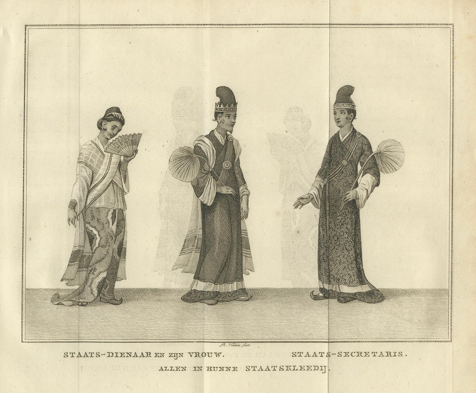 Burmese Official, Wife & Secretary in Ceremonial Dress, Antique Print, c.1800