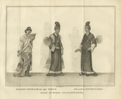 Burmese Official, Wife & Secretary in Ceremonial Dress, Antique Print, c.1800