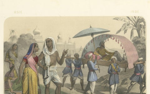 Indian Costumes, Bramin Couple, Bayadères and Nabob in Palanquin, c.1845, close-up 6
