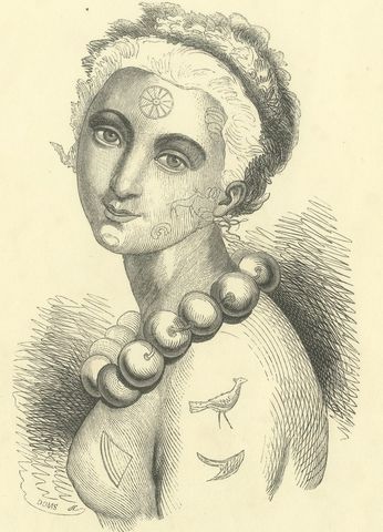 Queen of the Sandwich Islands, Antique Wahlen Costume Print, 1843-1844, close-up 1
