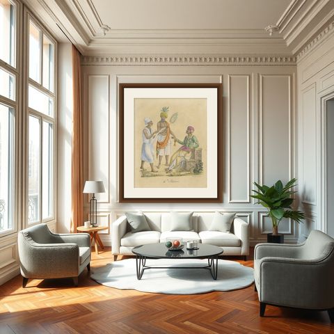 Indian Merchants & Noblemen, Brodtmann Hand-Colored Lithograph, 1816, shown framed in a room