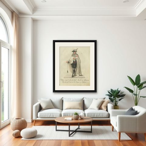 Knight of the Order of St. James in Spain - Historical Costume Engraving, 1791, shown framed in a room
