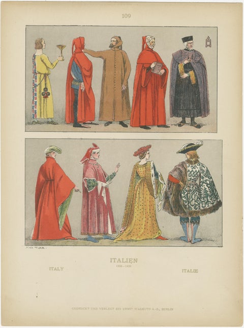 Italy 10th–16th Century, Set of Eight Antique Hand-Colored Costume Prints, 1880, view 5