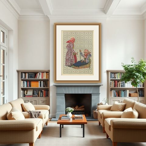 Girl on Hindeloopen Sleigh in Dutch Winter Dress, Hand-colored Lithograph - 1932, shown framed in a room