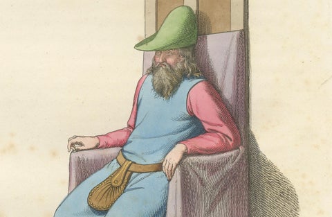 Medieval Elder in Throne c.1400s, Antique Costume Study Print, 1845, close-up 2
