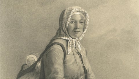 Dalkulla från Mora, Swedish Folk Costume Lithograph by Pehr Wickenberg, 1850, close-up 3
