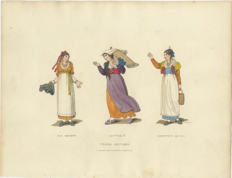 Italian Costume Print: Expressive Gestures of Women, Hand-Colored, 1820s, view 2