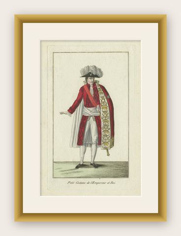 Antique Costume Print of the Emperor and King of France, circa 1810, shown framed
