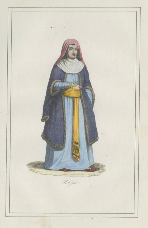 Russian Woman Costume Print, Antique Hand-Colored Lithograph, 1854, close-up 5
