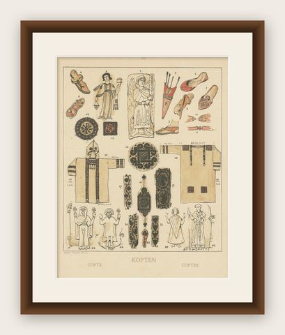 Antique Coptic Costume and Textile Plate, Hand-Colored Print c.1880, shown framed