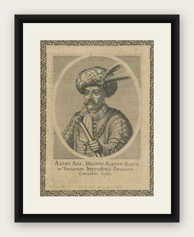 1687 Portrait of Assan Aga by E. Nessenthaler: A Glimpse into Ottoman Nobility, shown framed